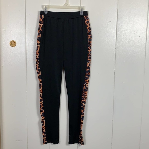 HIGH WAIST ANIMAL PRINT LEOPARD AND BLACK LEGGINGS SIZE M ELASTIC WAIST - Picture 2 of 6